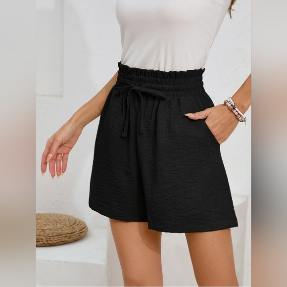 Chiclily Womens Casual Drawstring Shorts Black Summer Elastic Waist Shorts - Picture 3 of 4